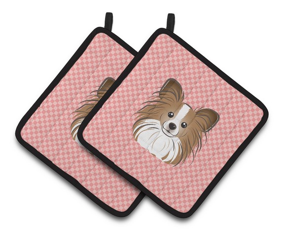 Picture of Carolines Treasures BB1248PTHD Checkerboard Pink Papillon Pair of Pot Holders, 7.5 x 3 x 7.5 in.