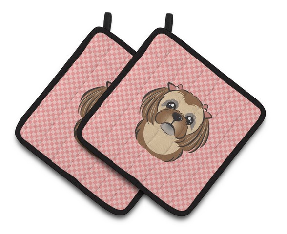 Picture of Carolines Treasures BB1249PTHD Checkerboard Pink Chocolate Brown Shih Tzu Pair of Pot Holders, 7.5 x 3 x 7.5 in.