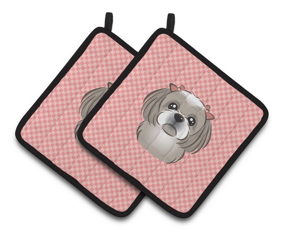 Picture of Carolines Treasures BB1250PTHD Checkerboard Pink Gray Silver Shih Tzu Pair of Pot Holders, 7.5 x 3 x 7.5 in.
