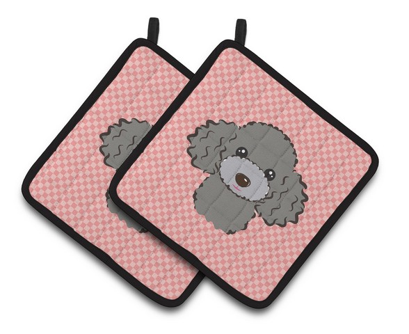 Picture of Carolines Treasures BB1259PTHD Checkerboard Pink Silver Gray Poodle Pair of Pot Holders, 7.5 x 3 x 7.5 in.