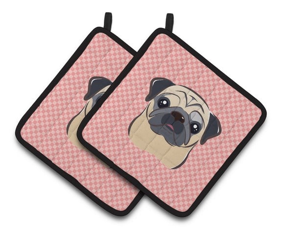 Picture of Carolines Treasures BB1262PTHD Checkerboard Pink Fawn Pug Pair of Pot Holders, 7.5 x 3 x 7.5 in.