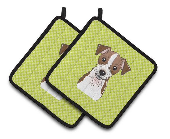 Picture of Carolines Treasures BB1264PTHD Checkerboard Lime Green Jack Russell Terrier Pair of Pot Holders, 7.5 x 3 x 7.5 in.