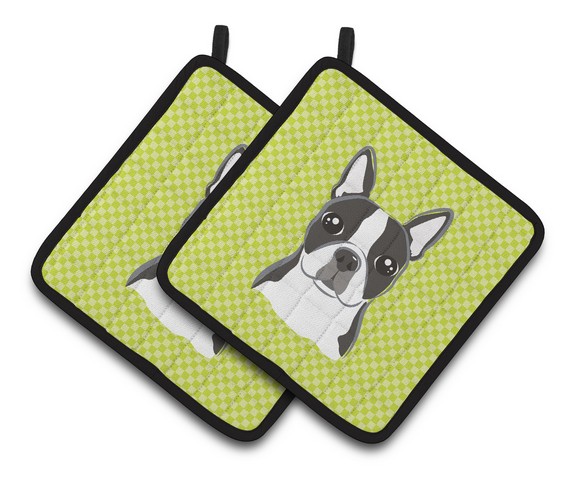 Picture of Carolines Treasures BB1265PTHD Checkerboard Lime Green Boston Terrier Pair of Pot Holders, 7.5 x 3 x 7.5 in.