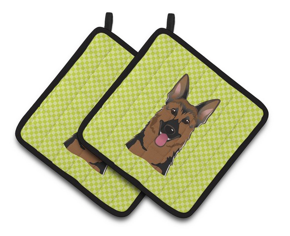 Picture of Carolines Treasures BB1273PTHD Checkerboard Lime Green German Shepherd Pair of Pot Holders, 7.5 x 3 x 7.5 in.