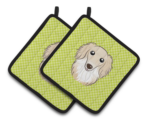 Picture of Carolines Treasures BB1274PTHD Checkerboard Lime Green Longhair Creme Dachshund Pair of Pot Holders, 7.5 x 3 x 7.5 in.