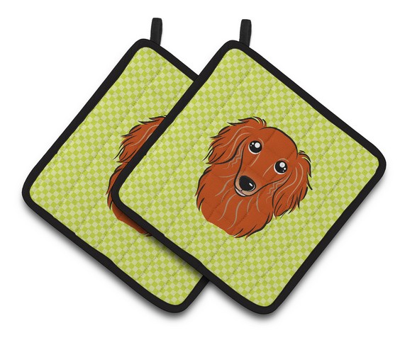 Picture of Carolines Treasures BB1276PTHD Checkerboard Lime Green Longhair Red Dachshund Pair of Pot Holders, 7.5 x 3 x 7.5 in.