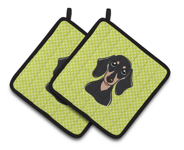 Picture of Carolines Treasures BB1277PTHD Checkerboard Lime Green Smooth Black & Tan Dachshund Pair of Pot Holders, 7.5 x 3 x 7.5 in.