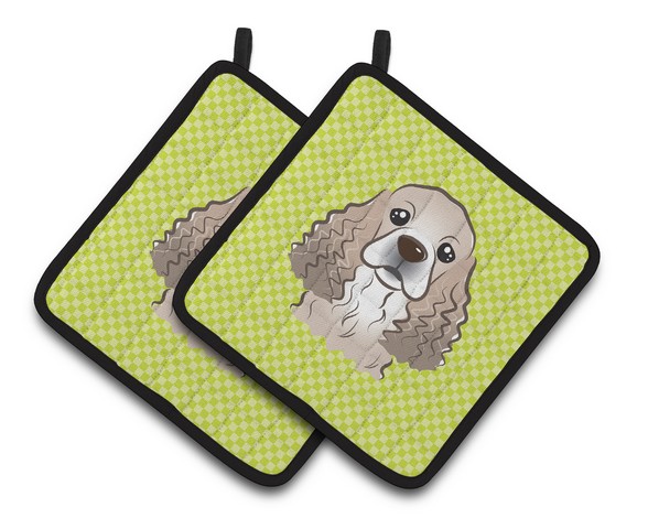 Picture of Carolines Treasures BB1278PTHD Checkerboard Lime Green Cocker Spaniel Pair of Pot Holders, 7.5 x 3 x 7.5 in.