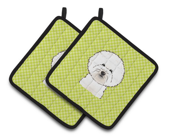 Picture of Carolines Treasures BB1279PTHD Checkerboard Lime Green Bichon Frise Pair of Pot Holders, 7.5 x 3 x 7.5 in.