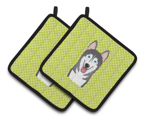 Picture of Carolines Treasures BB1280PTHD Checkerboard Lime Green Alaskan Malamute Pair of Pot Holders, 7.5 x 3 x 7.5 in.