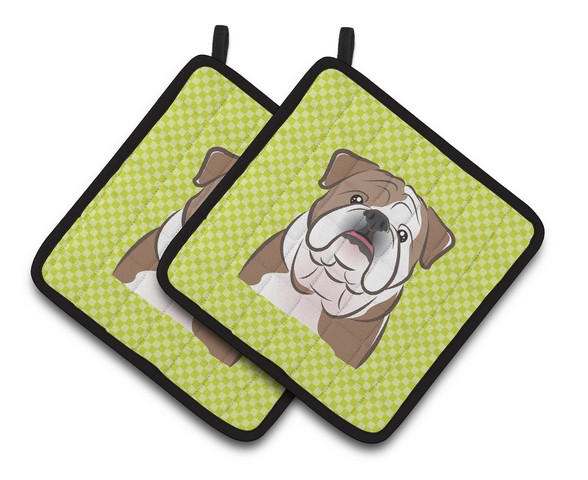 Picture of Carolines Treasures BB1281PTHD Checkerboard Lime Green English Bulldog Pair of Pot Holders, 7.5 x 3 x 7.5 in.