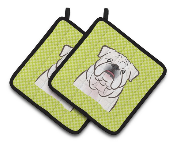 Picture of Carolines Treasures BB1282PTHD Checkerboard Lime Green White English Bulldog Pair of Pot Holders, 7.5 x 3 x 7.5 in.