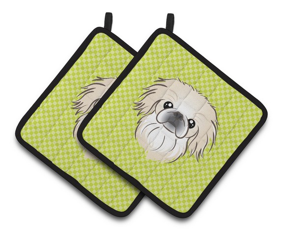 Picture of Carolines Treasures BB1283PTHD Checkerboard Lime Green Pekingese Pair of Pot Holders, 7.5 x 3 x 7.5 in.