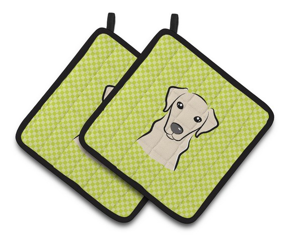 Picture of Carolines Treasures BB1284PTHD Checkerboard Lime Green Yellow Labrador Pair of Pot Holders, 7.5 x 3 x 7.5 in.