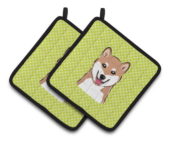 Picture of Carolines Treasures BB1287PTHD Checkerboard Lime Green Shiba Inu Pair of Pot Holders, 7.5 x 3 x 7.5 in.