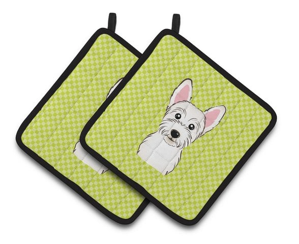 Picture of Carolines Treasures BB1288PTHD Checkerboard Lime Green Westie Pair of Pot Holders, 7.5 x 3 x 7.5 in.