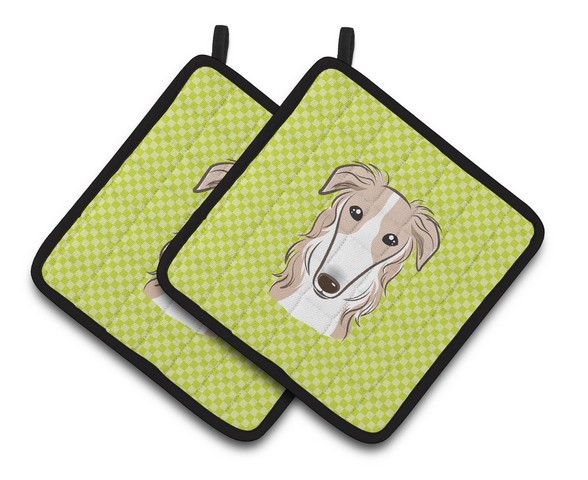 Picture of Carolines Treasures BB1290PTHD Checkerboard Lime Green Borzoi Pair of Pot Holders, 7.5 x 3 x 7.5 in.