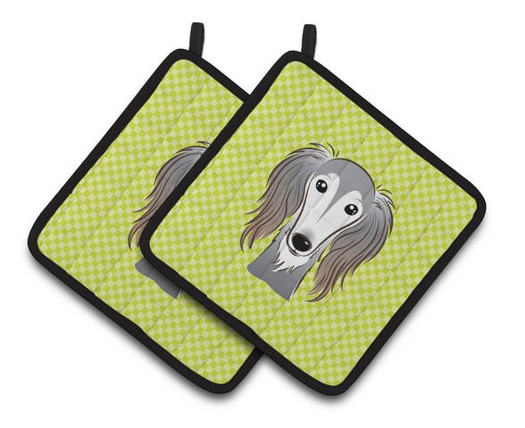 Picture of Carolines Treasures BB1291PTHD Checkerboard Lime Green Saluki Pair of Pot Holders, 7.5 x 3 x 7.5 in.
