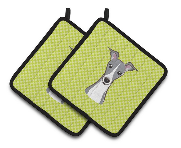 Picture of Carolines Treasures BB1298PTHD Checkerboard Lime Green Italian Greyhound Pair of Pot Holders, 7.5 x 3 x 7.5 in.