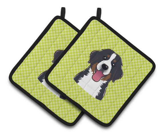 Picture of Carolines Treasures BB1299PTHD Checkerboard Lime Green Bernese Mountain Dog Pair of Pot Holders, 7.5 x 3 x 7.5 in.