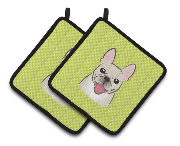 Picture of Carolines Treasures BB1300PTHD Checkerboard Lime Green French Bulldog Pair of Pot Holders, 7.5 x 3 x 7.5 in.
