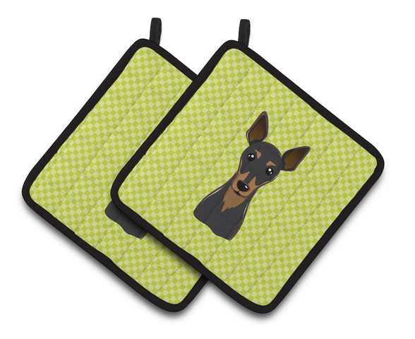 Picture of Carolines Treasures BB1302PTHD Checkerboard Lime Green Min Pin Pair of Pot Holders, 7.5 x 3 x 7.5 in.