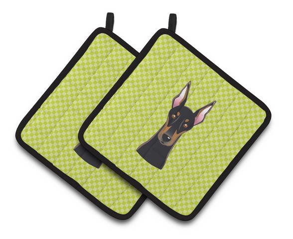 Picture of Carolines Treasures BB1307PTHD Checkerboard Lime Green Doberman Pair of Pot Holders, 7.5 x 3 x 7.5 in.