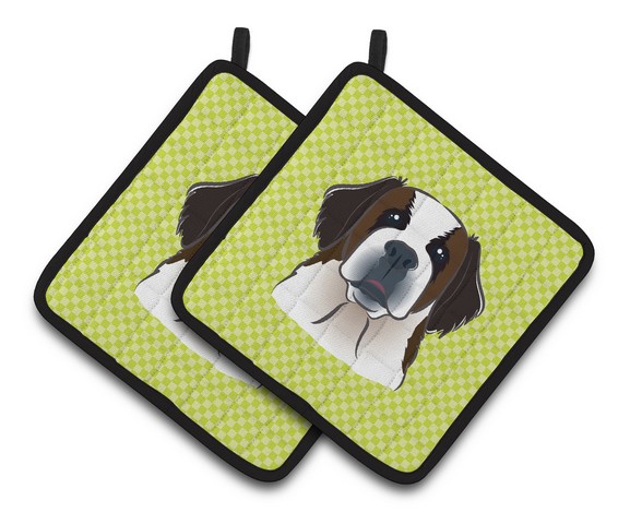 Picture of Carolines Treasures BB1308PTHD Checkerboard Lime Green Saint Bernard Pair of Pot Holders, 7.5 x 3 x 7.5 in.