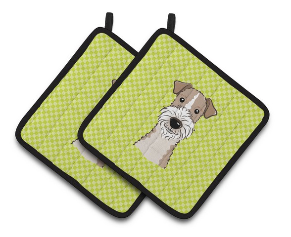 Picture of Carolines Treasures BB1309PTHD Checkerboard Lime Green Wire Haired Fox Terrier Pair of Pot Holders, 7.5 x 3 x 7.5 in.