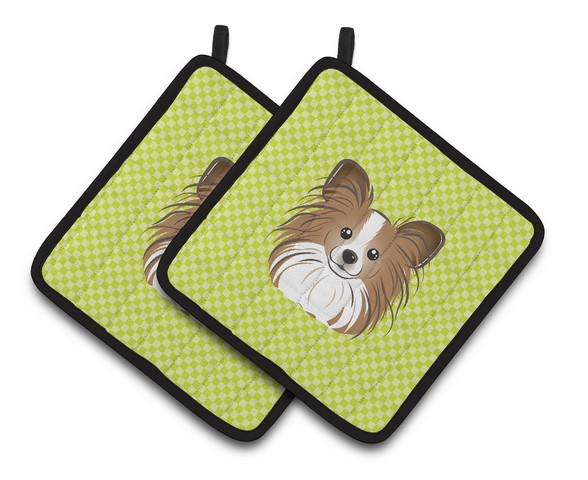 Picture of Carolines Treasures BB1310PTHD Checkerboard Lime Green Papillon Pair of Pot Holders, 7.5 x 3 x 7.5 in.