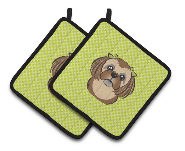 Picture of Carolines Treasures BB1311PTHD Checkerboard Lime Green Chocolate Brown Shih Tzu Pair of Pot Holders, 7.5 x 3 x 7.5 in.