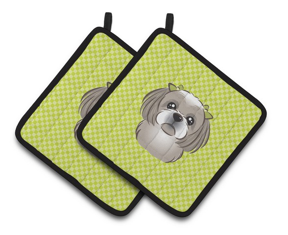 Picture of Carolines Treasures BB1312PTHD Checkerboard Lime Green Gray Silver Shih Tzu Pair of Pot Holders, 7.5 x 3 x 7.5 in.