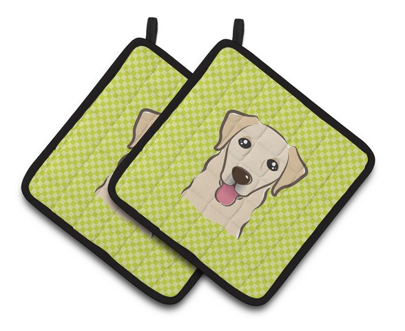 Picture of Carolines Treasures BB1314PTHD Checkerboard Lime Green Golden Retriever Pair of Pot Holders, 7.5 x 3 x 7.5 in.