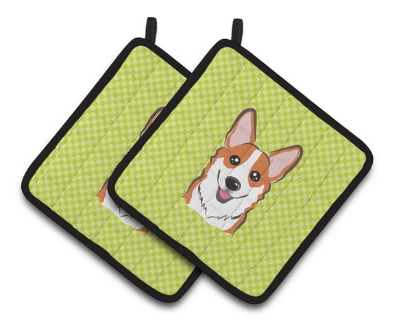 Picture of Carolines Treasures BB1316PTHD Checkerboard Lime Green Corgi Pair of Pot Holders, 7.5 x 3 x 7.5 in.