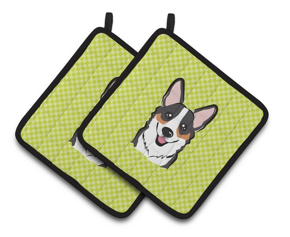 Picture of Carolines Treasures BB1317PTHD Checkerboard Lime Green Corgi Pair of Pot Holders, 7.5 x 3 x 7.5 in.