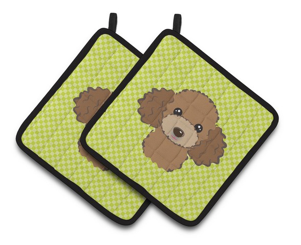Picture of Carolines Treasures BB1318PTHD Checkerboard Lime Green Chocolate Brown Poodle Pair of Pot Holders, 7.5 x 3 x 7.5 in.