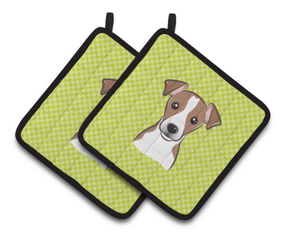 Picture of Carolines Treasures BB1322PTHD Checkerboard Lime Green Jack Russell Terrier Pair of Pot Holders, 7.5 x 3 x 7.5 in.