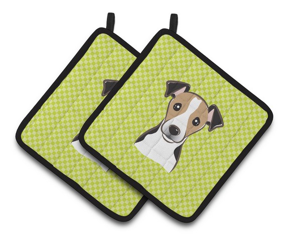Picture of Carolines Treasures BB1323PTHD Checkerboard Lime Green Jack Russell Terrier Pair of Pot Holders, 7.5 x 3 x 7.5 in.