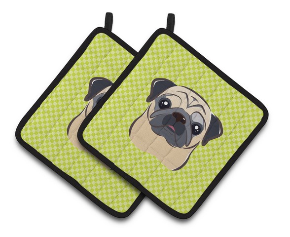 Picture of Carolines Treasures BB1324PTHD Checkerboard Lime Green Fawn Pug Pair of Pot Holders, 7.5 x 3 x 7.5 in.