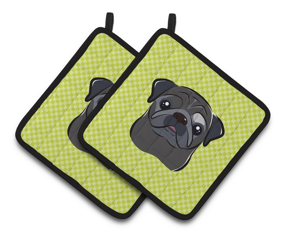 Picture of Carolines Treasures BB1325PTHD Checkerboard Lime Green Black Pug Pair of Pot Holders, 7.5 x 3 x 7.5 in.