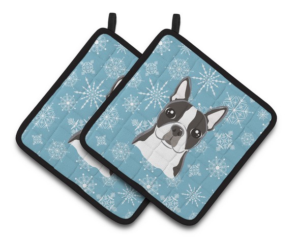 Picture of Carolines Treasures BB1637PTHD Snowflake Boston Terrier Pair of Pot Holders, 7.5 x 3 x 7.5 in.