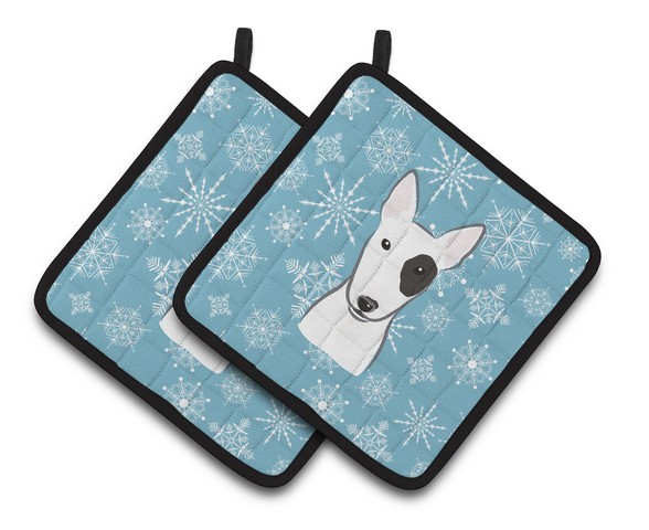 Picture of Carolines Treasures BB1643PTHD Snowflake Bull Terrier Pair of Pot Holders, 7.5 x 3 x 7.5 in.