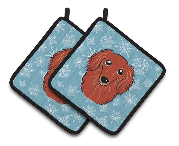 Picture of Carolines Treasures BB1648PTHD Snowflake Longhair Red Dachshund Pair of Pot Holders, 7.5 x 3 x 7.5 in.