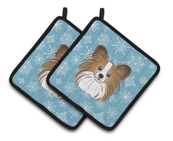 Picture of Carolines Treasures BB1682PTHD Snowflake Papillon Pair of Pot Holders, 7.5 x 3 x 7.5 in.
