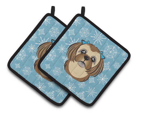 Picture of Carolines Treasures BB1683PTHD Snowflake Chocolate Brown Shih Tzu Pair of Pot Holders, 7.5 x 3 x 7.5 in.