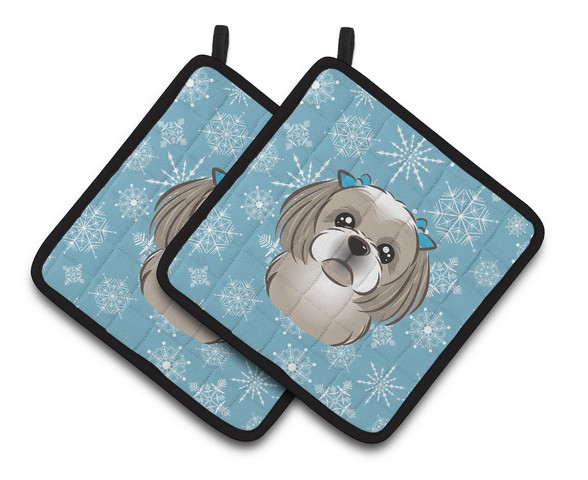 Picture of Carolines Treasures BB1684PTHD Snowflake Gray Silver Shih Tzu Pair of Pot Holders, 7.5 x 3 x 7.5 in.