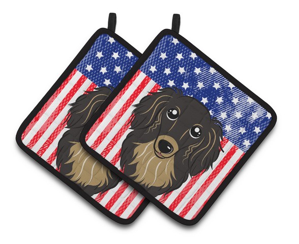 Picture of Carolines Treasures BB2143PTHD American Flag & Longhair Black & Tan Dachshund Pair of Pot Holders, 7.5 x 3 x 7.5 in.