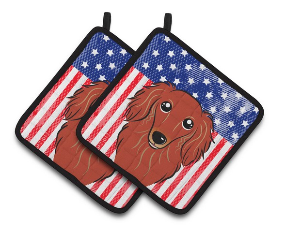 Picture of Carolines Treasures BB2144PTHD American Flag & Longhair Red Dachshund Pair of Pot Holders, 7.5 x 3 x 7.5 in.