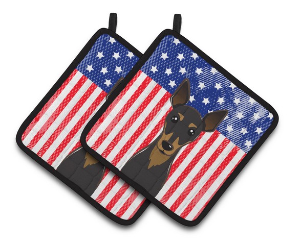 Picture of Carolines Treasures BB2170PTHD American Flag & Min Pin Pair of Pot Holders, 7.5 x 3 x 7.5 in.