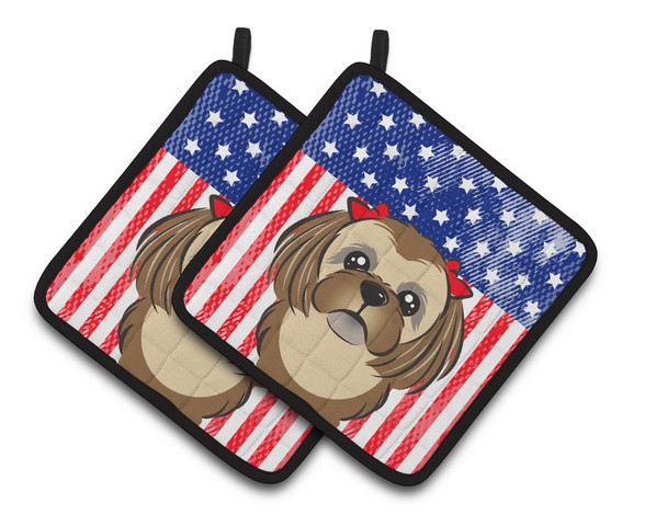 Picture of Carolines Treasures BB2179PTHD American Flag & Chocolate Brown Shih Tzu Pair of Pot Holders, 7.5 x 3 x 7.5 in.